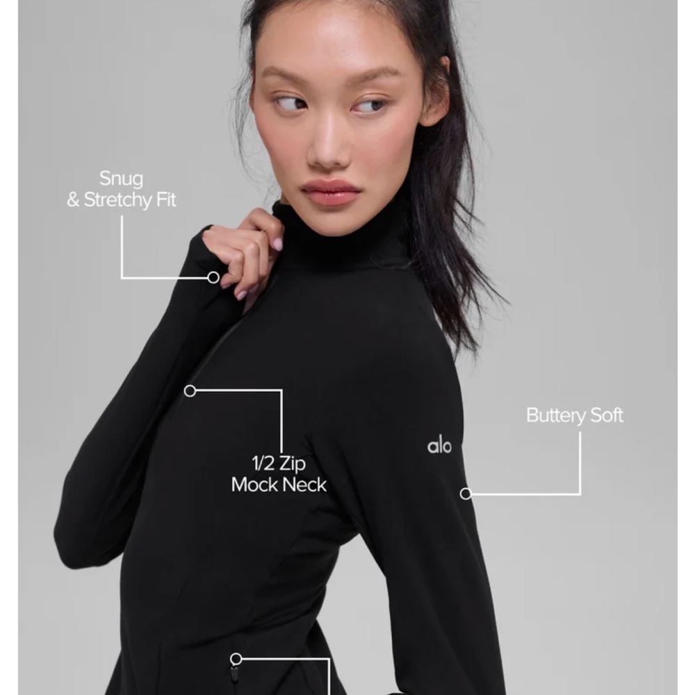 ALO Soft Black 1/2 Zip Mock Neck Long Sleeve Top